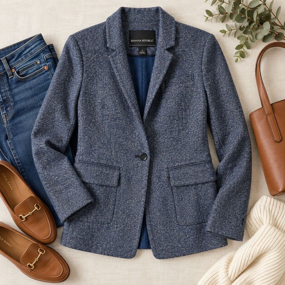 Banana Republic Women's Sz 4 Wool Blend Soft Textured Blazer Jacket Blue Navy